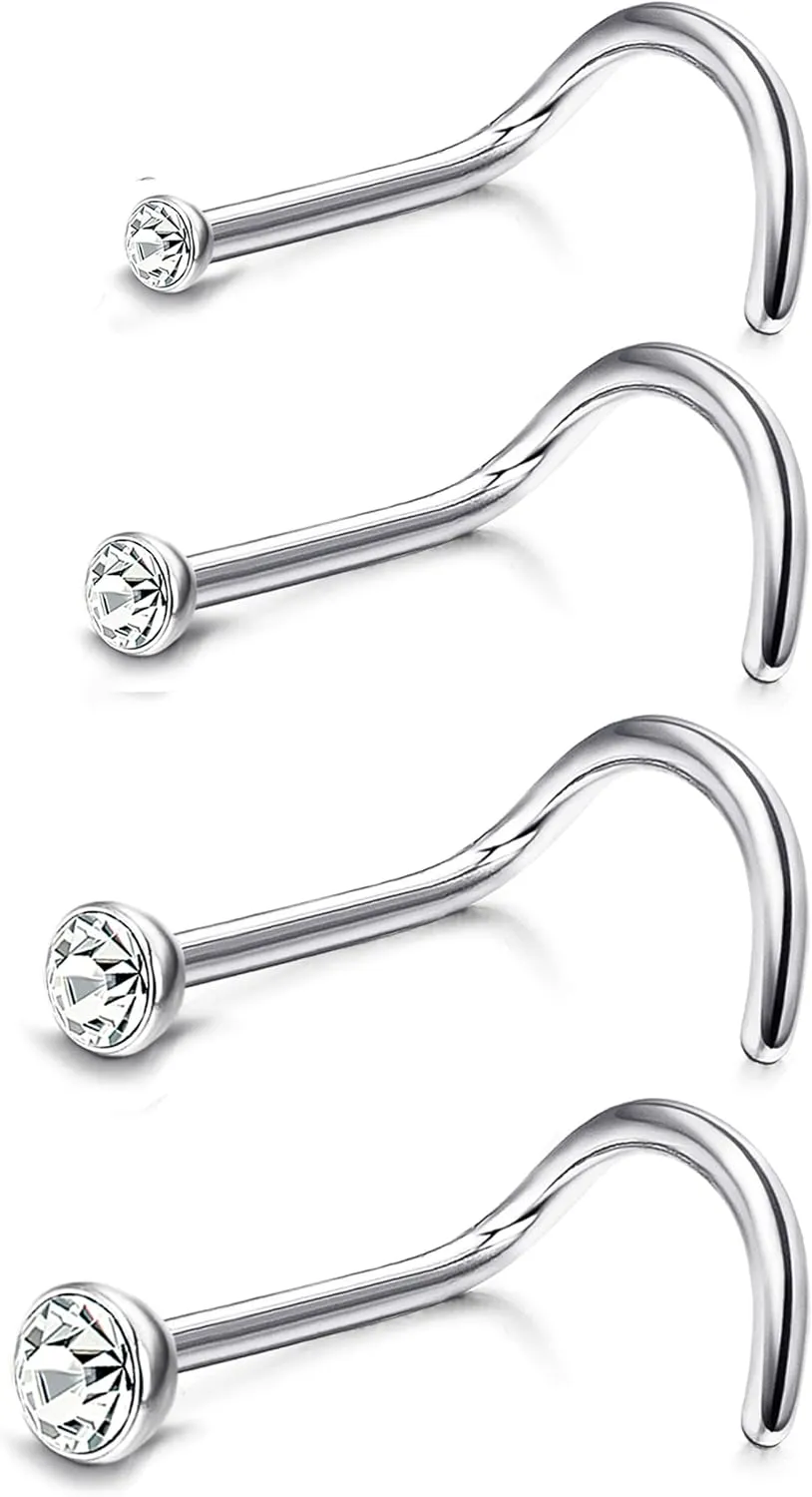IRONBOX 20G Titanium Nose Ring Studs for Women Men Square Round CZ Nose Stud L Shape Screw Nose Rings Nostril Piercing Jewelry