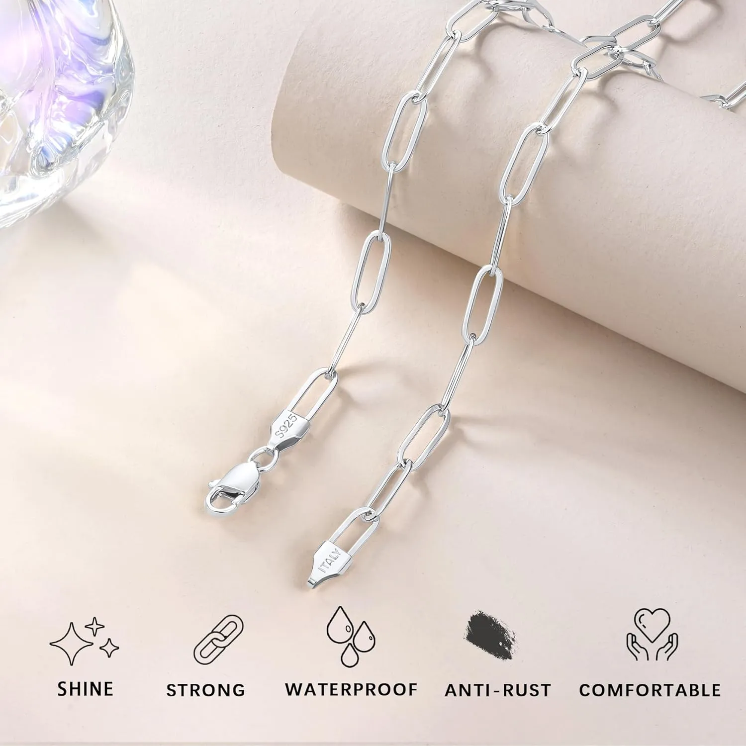 Italy 5mm Solid 18K Gold Over 925 Sterling Silver Paperclip Chain Necklace for Women, Women's Chain Necklace for Women, Shiny & Sturdy & Not Easy to Fade & Comfortable 16 18 20 22 24 26 Inch