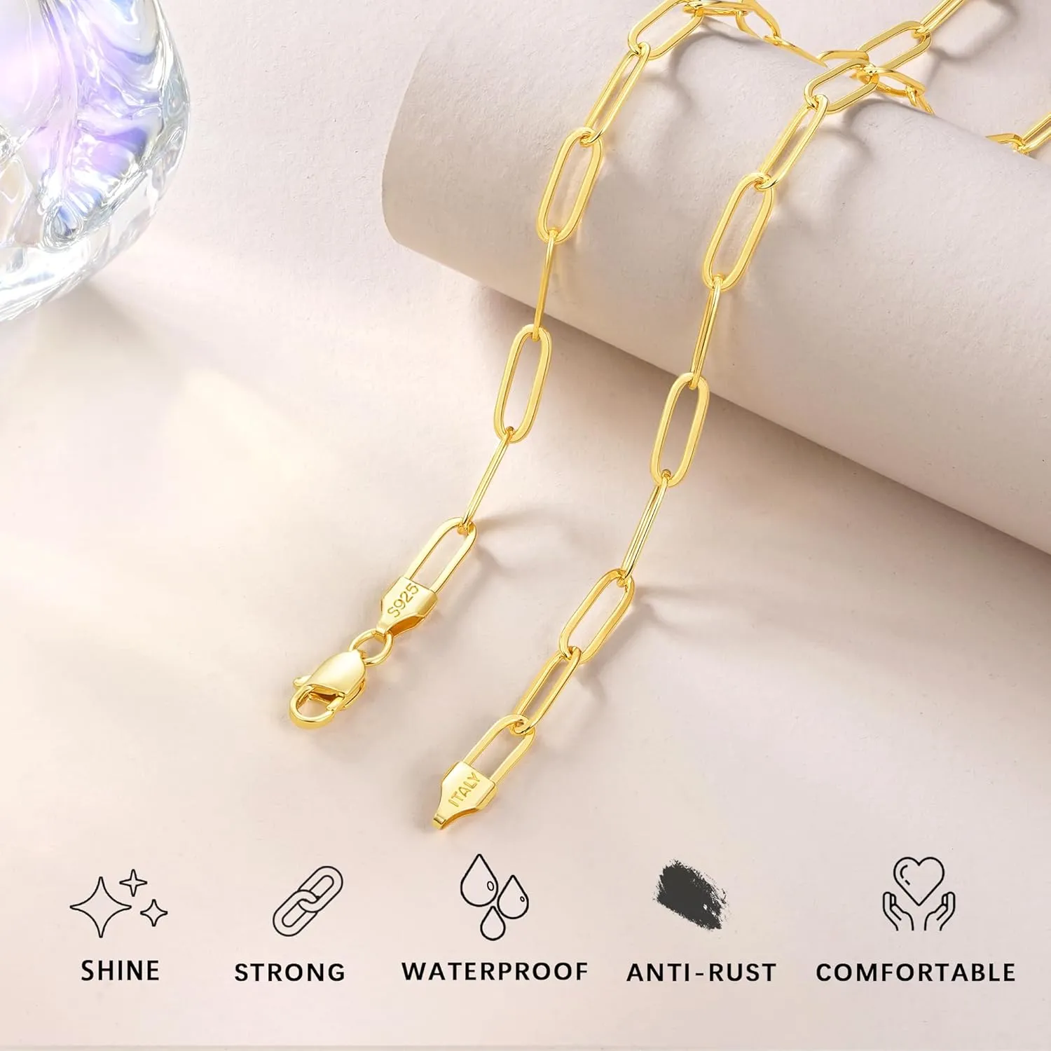 Italy 5mm Solid 18K Gold Over 925 Sterling Silver Paperclip Chain Necklace for Women, Women's Chain Necklace for Women, Shiny & Sturdy & Not Easy to Fade & Comfortable 16 18 20 22 24 26 Inch