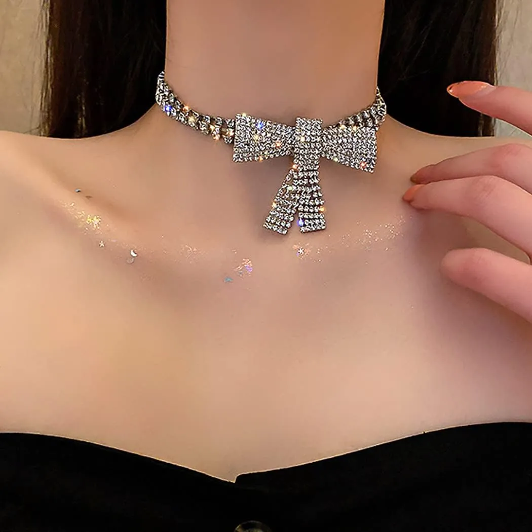 JEAIRTS Rhinestone Choker Necklace Silver Diamond Row Necklaces Sparkly Crystal Necklace Chain Jewerly Fashion Minimalist Party Prom Accessories for Women