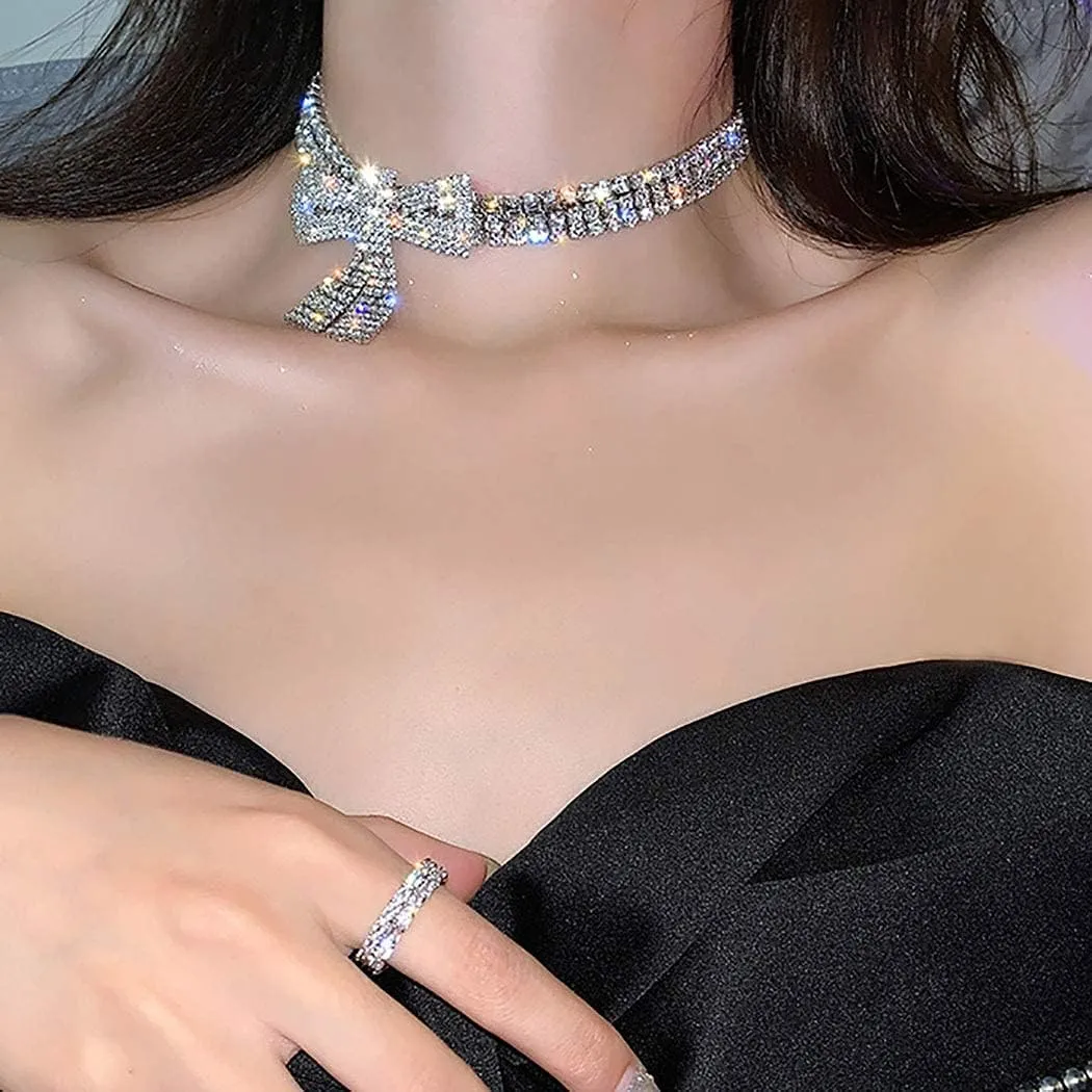 JEAIRTS Rhinestone Choker Necklace Silver Diamond Row Necklaces Sparkly Crystal Necklace Chain Jewerly Fashion Minimalist Party Prom Accessories for Women