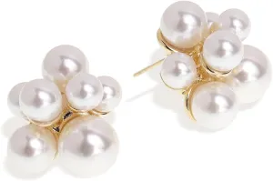 JeanBeau Pearl Flower Leaf Stud Earrings for Women Statement Cluster CZ Pearls Earing Gold Plated Sterling Silver Wedding Prom Birthday Fashion Jewelry Gift