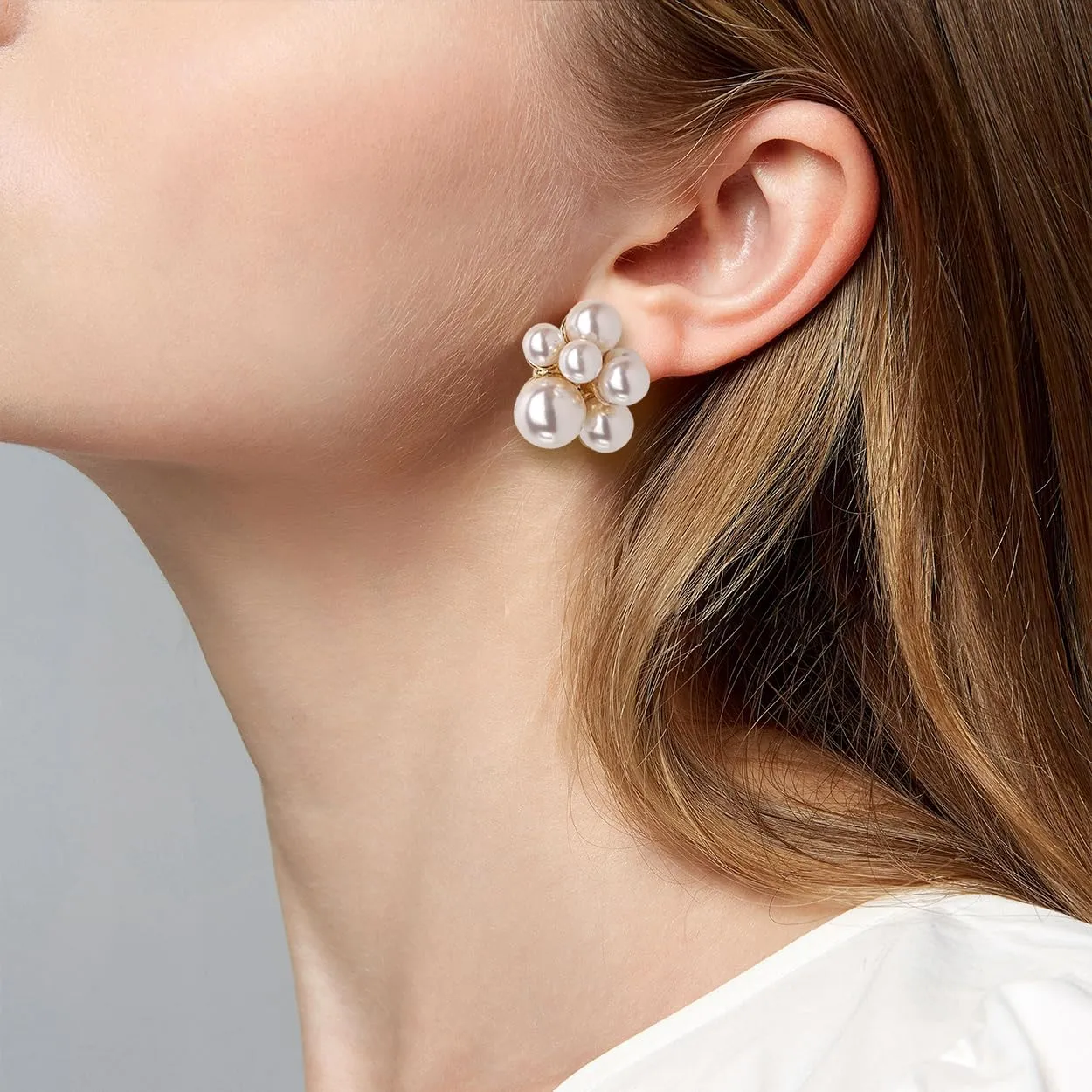 JeanBeau Pearl Flower Leaf Stud Earrings for Women Statement Cluster CZ Pearls Earing Gold Plated Sterling Silver Wedding Prom Birthday Fashion Jewelry Gift