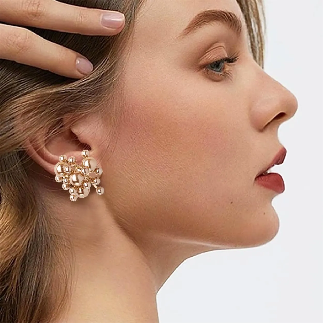 JeanBeau Pearl Flower Leaf Stud Earrings for Women Statement Cluster CZ Pearls Earing Gold Plated Sterling Silver Wedding Prom Birthday Fashion Jewelry Gift