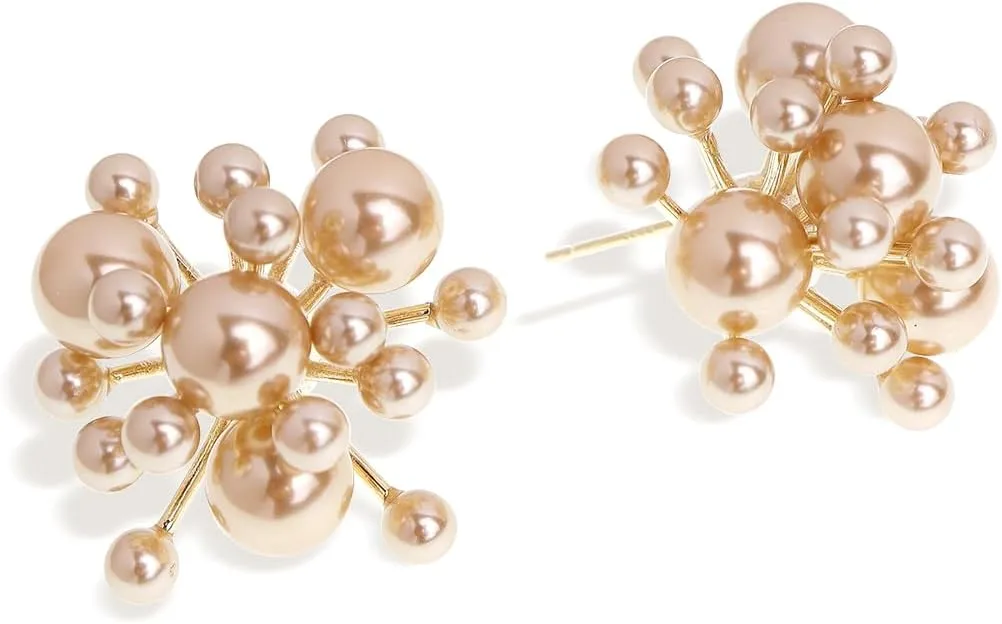 JeanBeau Pearl Flower Leaf Stud Earrings for Women Statement Cluster CZ Pearls Earing Gold Plated Sterling Silver Wedding Prom Birthday Fashion Jewelry Gift