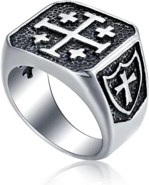 Jerusalem Cross Rings for Men,Mens Stainless Steel Christian Signet Ring,Vintage Silver Catholic Templar Ring in Size 7-15