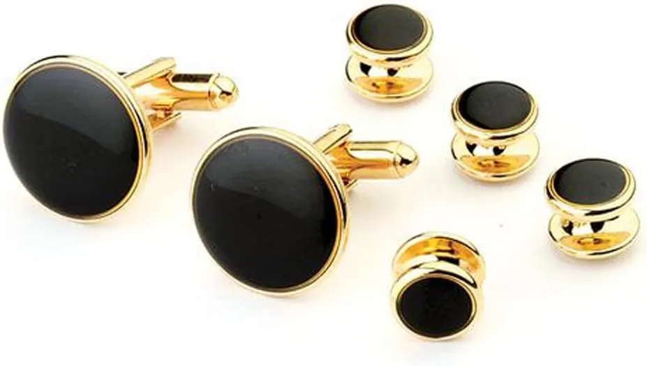 Jet Black Basic Round Set in Gold Tuxedo Cufflinks and Studs