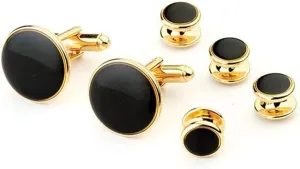 Jet Black Basic Round Set in Gold Tuxedo Cufflinks and Studs