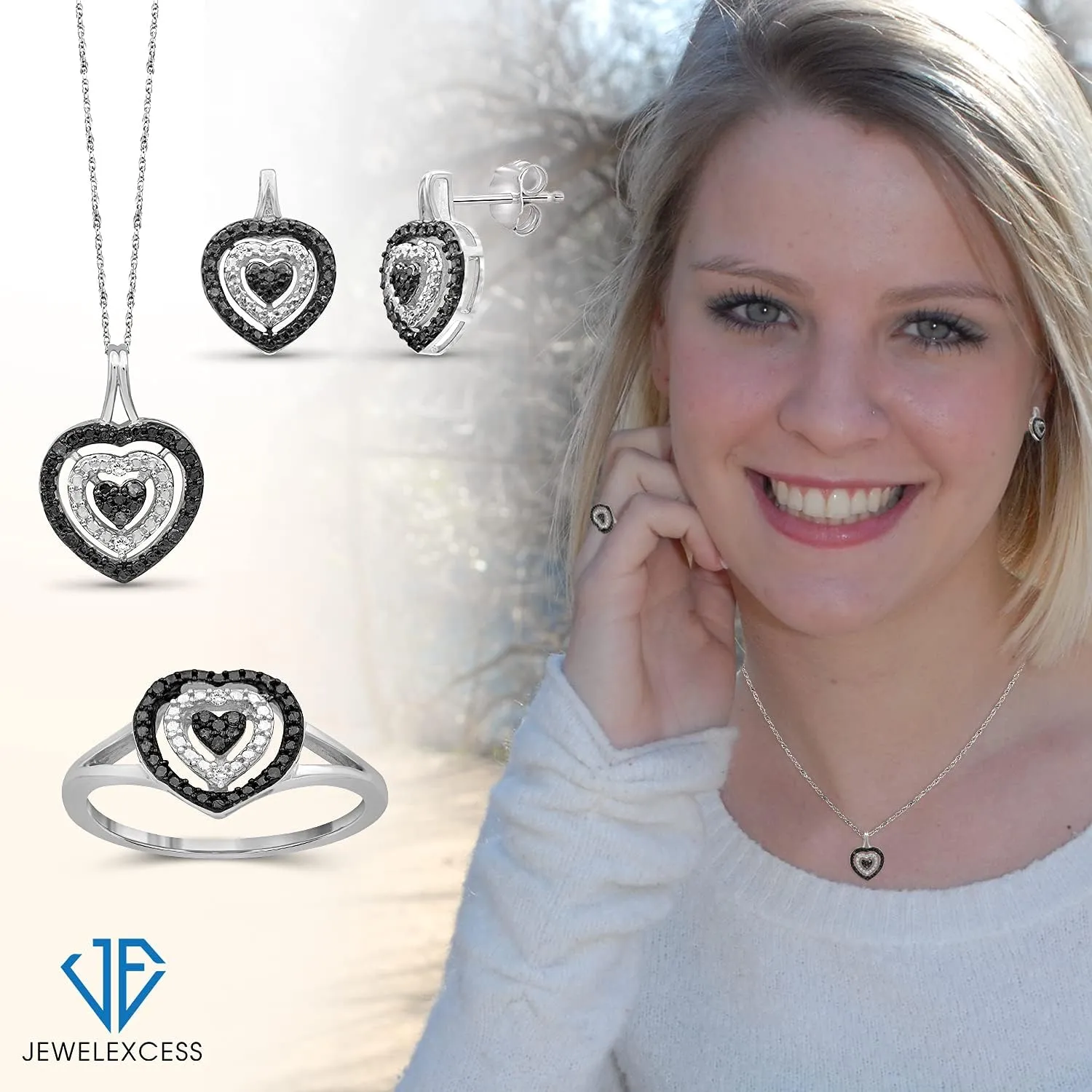 JEWELEXCESS 3-Piece Black & White Diamond Sterling Silver Earrings Set, Sterling Silver Necklace, Sterling Silver Rings  Heart Shaped Jewelry  Jewelry Sets for Women  Birthday Gifts