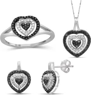 JEWELEXCESS 3-Piece Black & White Diamond Sterling Silver Earrings Set, Sterling Silver Necklace, Sterling Silver Rings  Heart Shaped Jewelry  Jewelry Sets for Women  Birthday Gifts