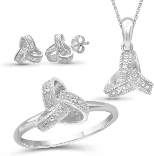 JEWELEXCESS 3-Piece White Diamond Sterling Silver Earrings Set, Sterling Silver Necklace, Sterling Silver Rings  Love Knot Shaped Jewelry  Jewelry Sets for Women  Birthday Gifts