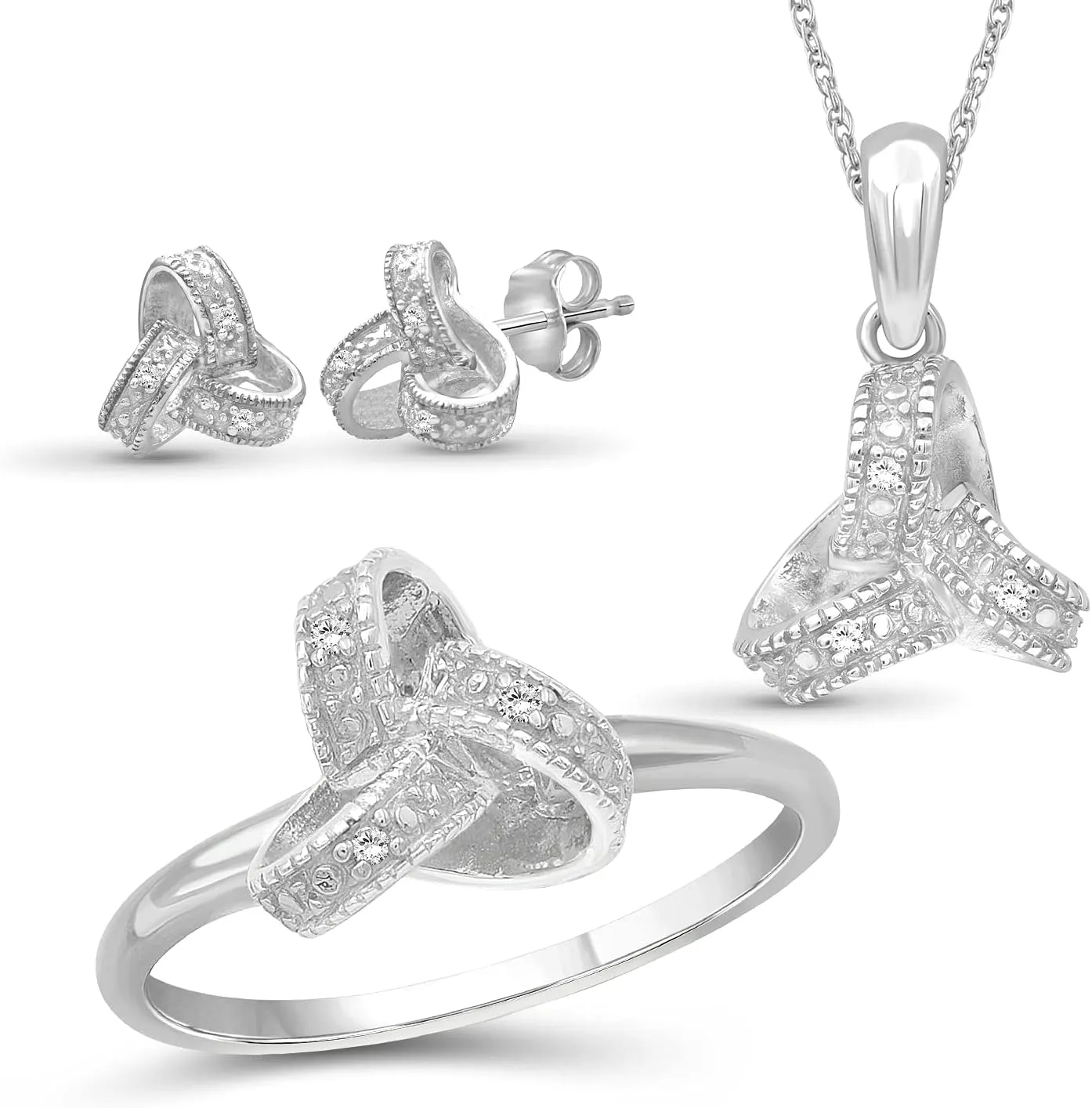 JEWELEXCESS 3-Piece White Diamond Sterling Silver Earrings Set, Sterling Silver Necklace, Sterling Silver Rings  Love Knot Shaped Jewelry  Jewelry Sets for Women  Birthday Gifts