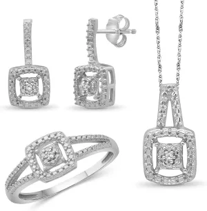 JEWELEXCESS 3-Piece White Diamond Sterling Silver Earrings Set, Sterling Silver Necklace, Sterling Silver Rings  Square Shaped Jewelry  Jewelry Sets for Women  Birthday Gifts