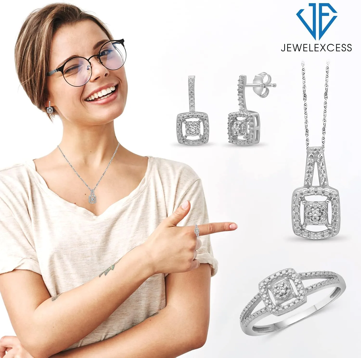JEWELEXCESS 3-Piece White Diamond Sterling Silver Earrings Set, Sterling Silver Necklace, Sterling Silver Rings  Square Shaped Jewelry  Jewelry Sets for Women  Birthday Gifts