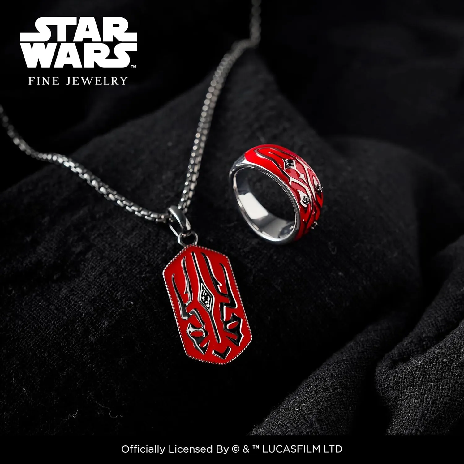 Jewelili Star Wars Fine Jewelry Darth Maul Ring for Men | Sterling Silver & Black Rhodium Band | Red Enamel & 1/10 Cttw Black Diamonds | Star Wars Gifts for Men | Jewelry with Gift Box