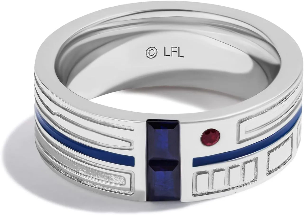 Jewelili Star Wars Fine Jewelry R2 Series Ring for Men | Silver Band | Garnet & Created Blue Sapphire | Star Wars Gifts for Men | Jewelry with Gift Box