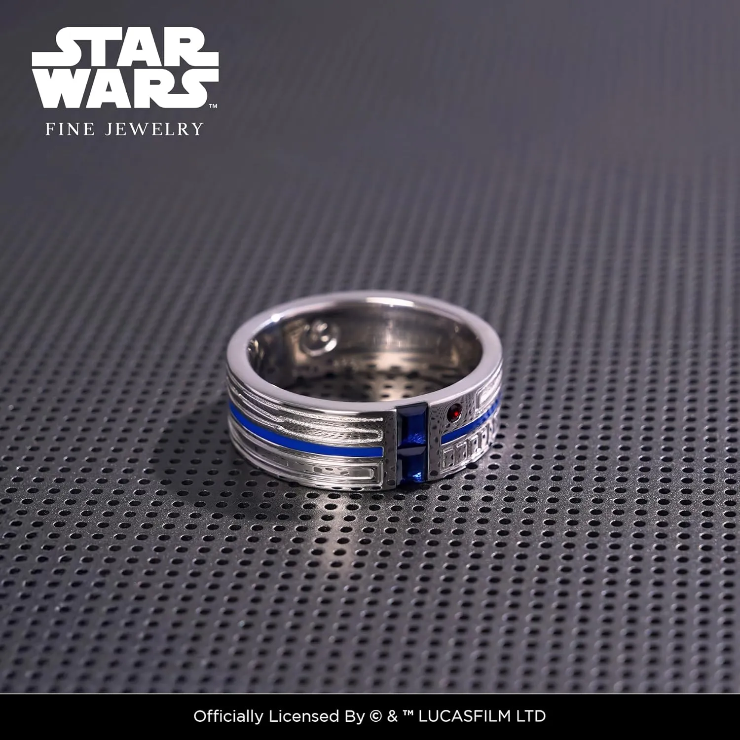 Jewelili Star Wars Fine Jewelry R2 Series Ring for Men | Silver Band | Garnet & Created Blue Sapphire | Star Wars Gifts for Men | Jewelry with Gift Box