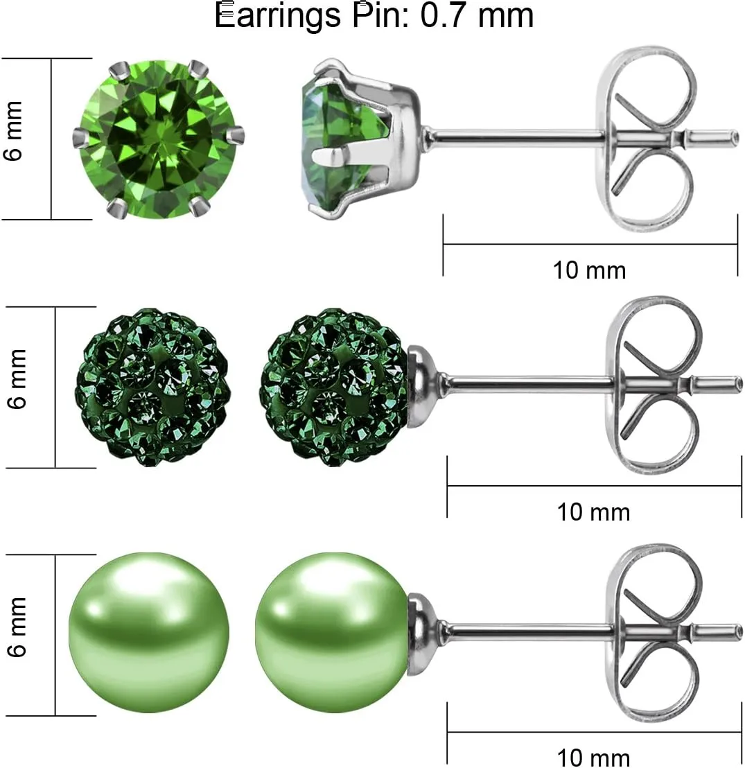 JEWELRIESHOP Birthstone Studs Earring Set Cubic Zirconia Rhinestones Crystal Ball Faux Pearl Stainless Steel Stud Earrings for Women Girl Jewelry Gift (6mm Round,3 Pairs)