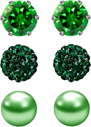 JEWELRIESHOP Birthstone Studs Earring Set Cubic Zirconia Rhinestones Crystal Ball Faux Pearl Stainless Steel Stud Earrings for Women Girl Jewelry Gift (6mm Round,3 Pairs)