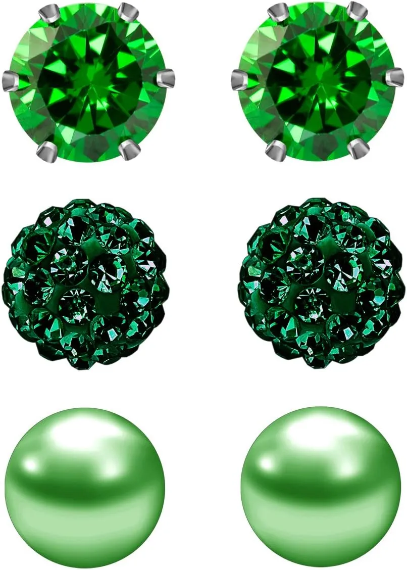 JEWELRIESHOP Birthstone Studs Earring Set Cubic Zirconia Rhinestones Crystal Ball Faux Pearl Stainless Steel Stud Earrings for Women Girl Jewelry Gift (6mm Round,3 Pairs)