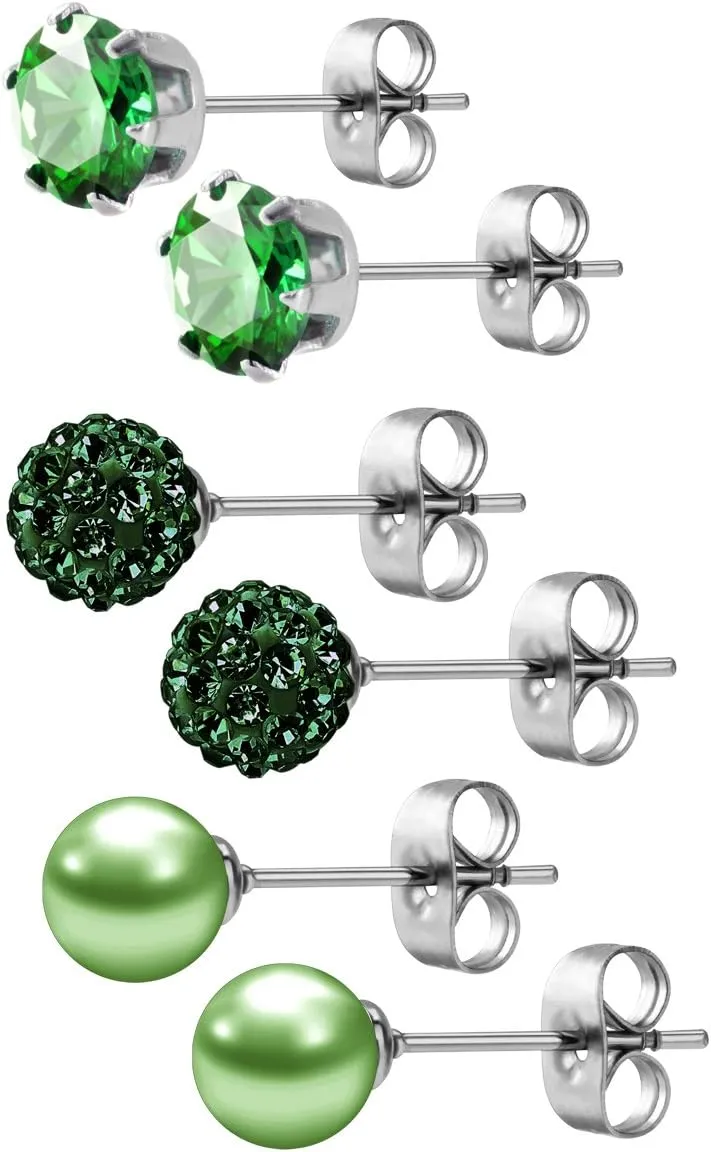 JEWELRIESHOP Birthstone Studs Earring Set Cubic Zirconia Rhinestones Crystal Ball Faux Pearl Stainless Steel Stud Earrings for Women Girl Jewelry Gift (6mm Round,3 Pairs)