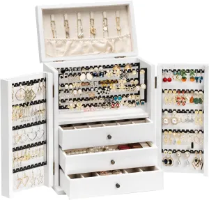 Jewelry Box Organizer, Large Jewelry Boxes for Women, Earring Jewelry Organizer for Necklace Earring Ring Bracelet, Rustic Wood Jewelry Organizer Box for Girls, Ideal Gift (White)
