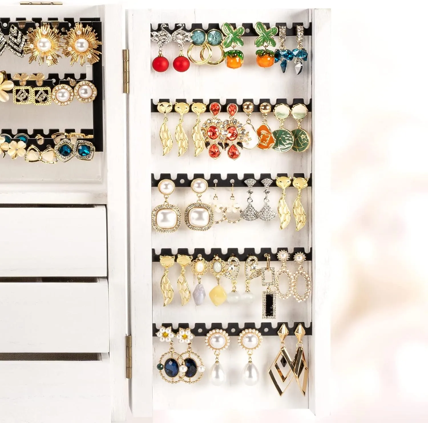 Jewelry Box Organizer, Large Jewelry Boxes for Women, Earring Jewelry Organizer for Necklace Earring Ring Bracelet, Rustic Wood Jewelry Organizer Box for Girls, Ideal Gift (White)