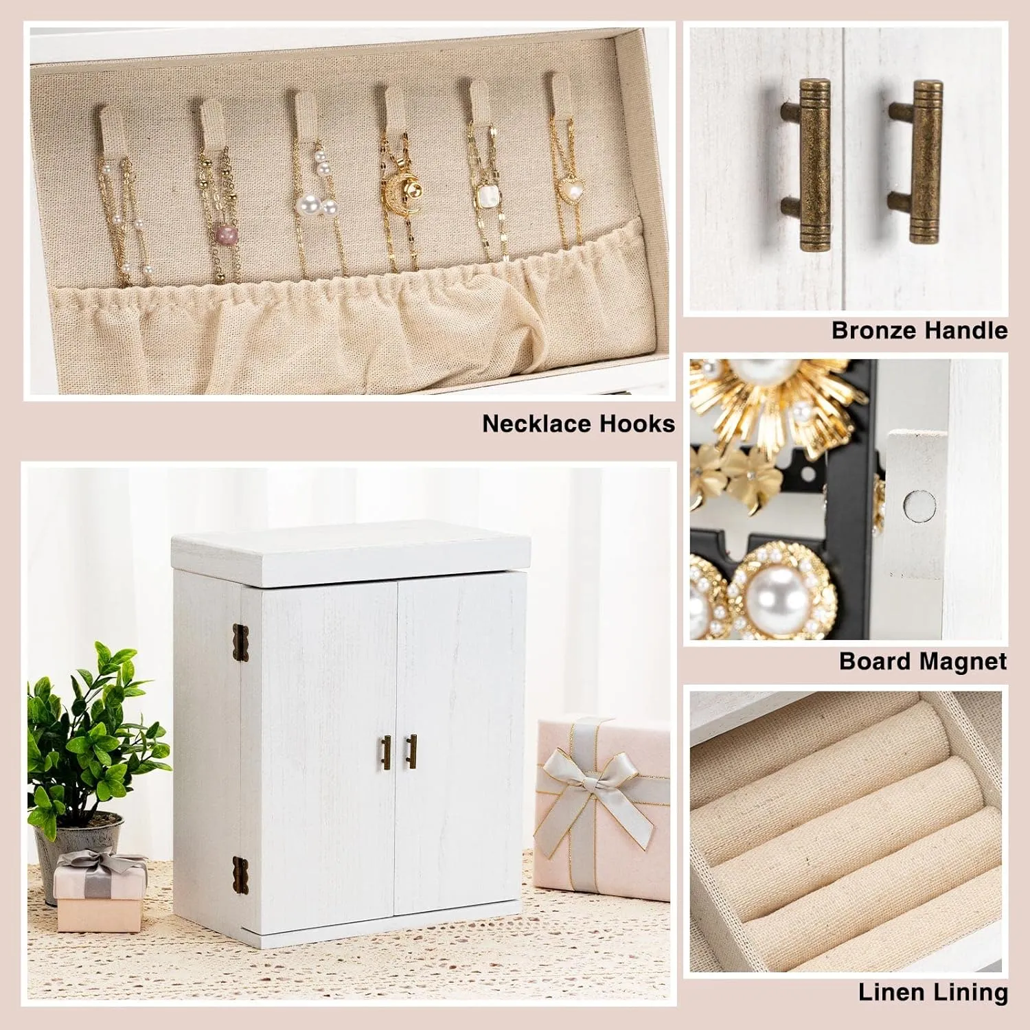 Jewelry Box Organizer, Large Jewelry Boxes for Women, Earring Jewelry Organizer for Necklace Earring Ring Bracelet, Rustic Wood Jewelry Organizer Box for Girls, Ideal Gift (White)