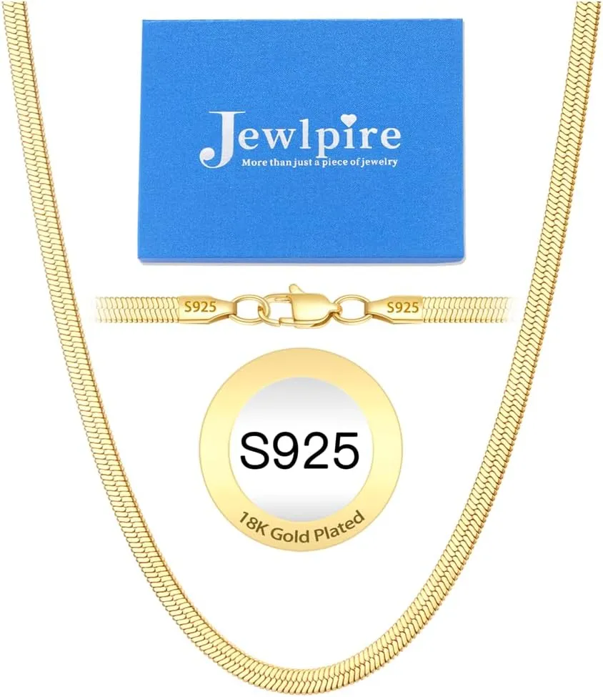 Jewlpire 18K Real Gold Over 925 Sterling Silver Herringbone Necklace for Women, Gold Necklace for Women 3mm/4mm/5mm Herringbone Chain Necklace Dainty Women's Chain Necklaces 16 18 20 22 24 Inch