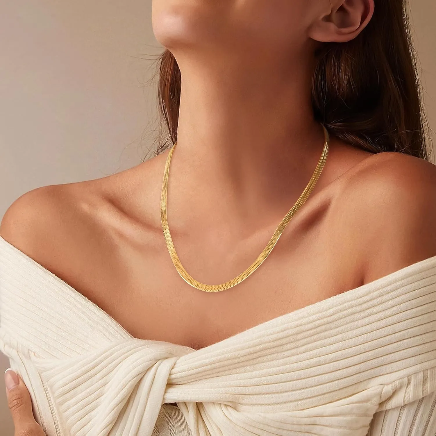Jewlpire 18K Real Gold Over 925 Sterling Silver Herringbone Necklace for Women, Gold Necklace for Women 3mm/4mm/5mm Herringbone Chain Necklace Dainty Women's Chain Necklaces 16 18 20 22 24 Inch