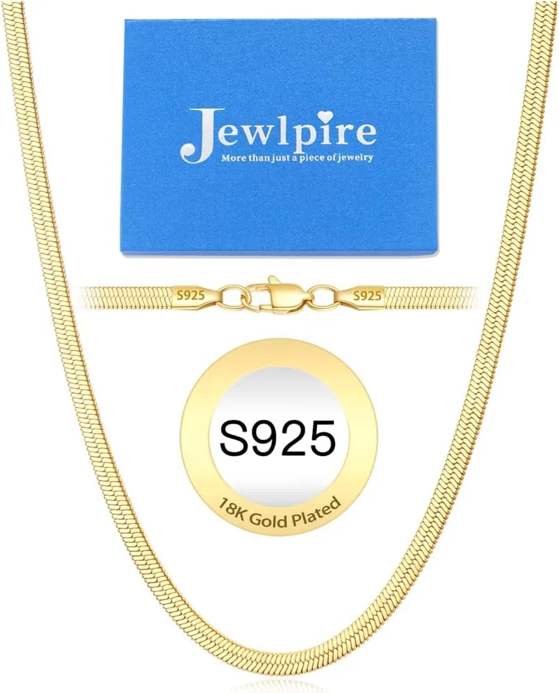 Jewlpire 18K Real Gold Over 925 Sterling Silver Herringbone Necklace for Women, Gold Necklace for Women 3mm/4mm/5mm Herringbone Chain Necklace Dainty Women's Chain Necklaces 16 18 20 22 24 Inch