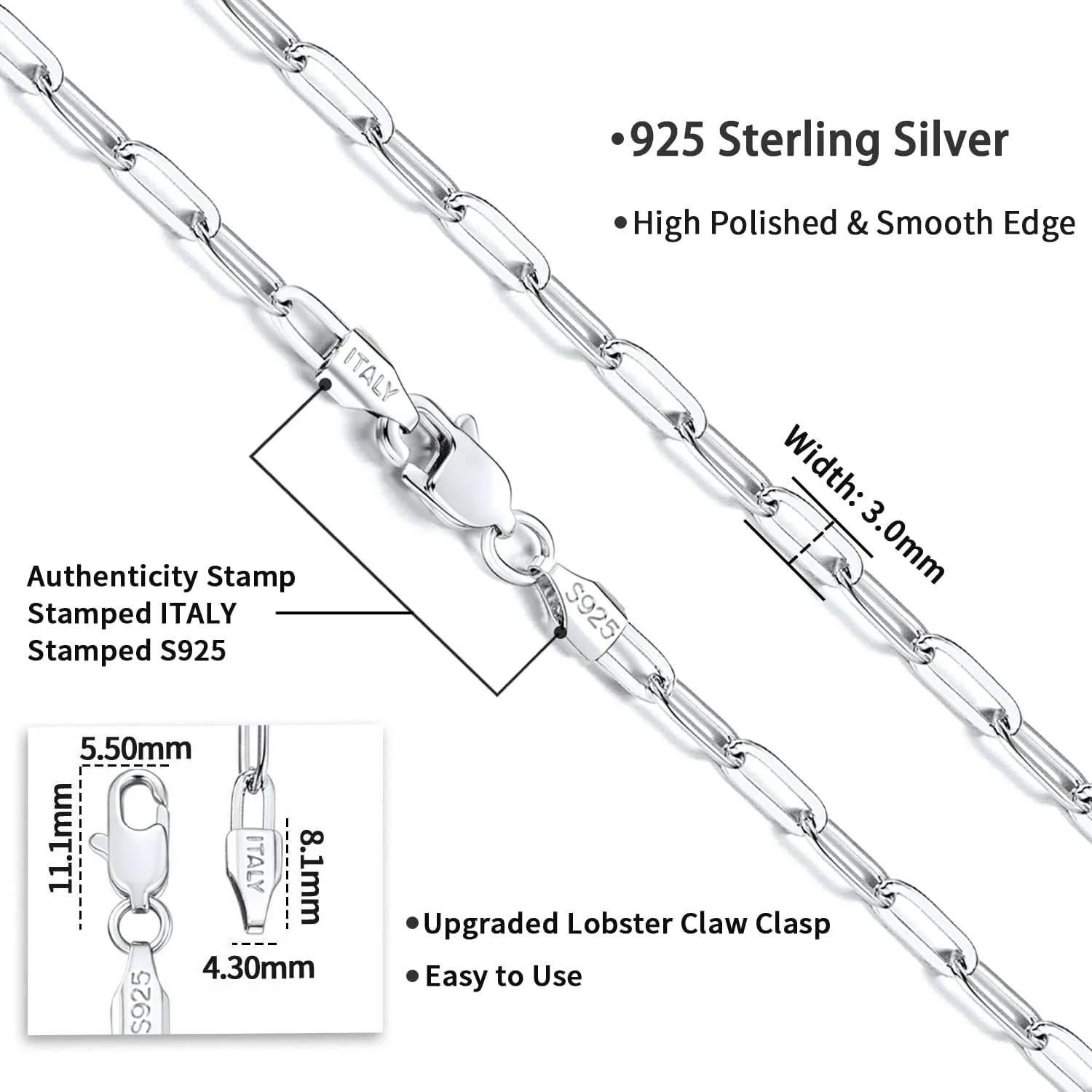 Jewlpire Italian Soild 14K Real Gold Over 925 Sterling Silver Paperclip Chain Necklace for Women, Hypoallergenic & Comfortable Women's Chain Necklaces 16/18/20/22/24/26 Inch