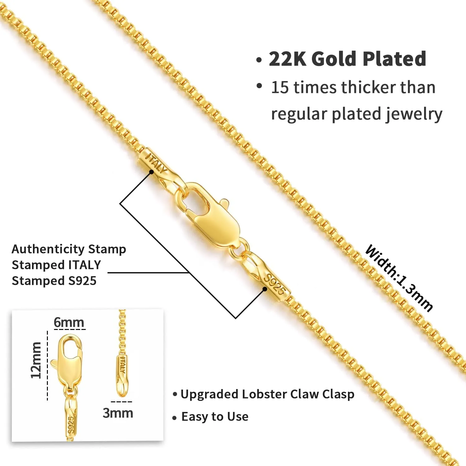 Jewlpire Italian Soild 22K Real Gold Over 925 Sterling Silver Chain Necklace for Women, 1.3mm Hypoallergenic Box Chain Thin & Sturdy Women's Chain Necklaces 14/16/18/20/22/24/26 Inch