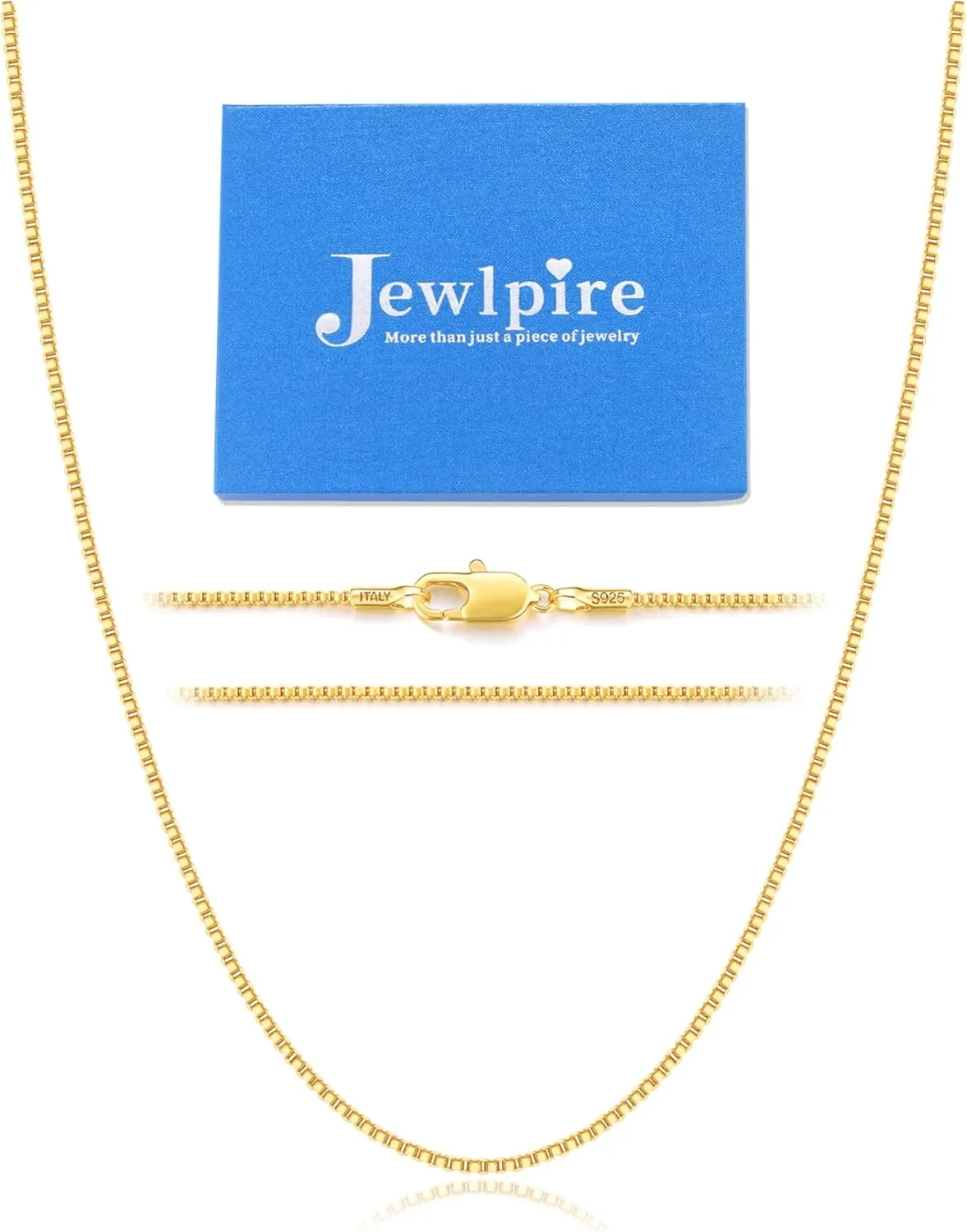 Jewlpire Italian Soild 22K Real Gold Over 925 Sterling Silver Chain Necklace for Women, 1.3mm Hypoallergenic Box Chain Thin & Sturdy Women's Chain Necklaces 14/16/18/20/22/24/26 Inch