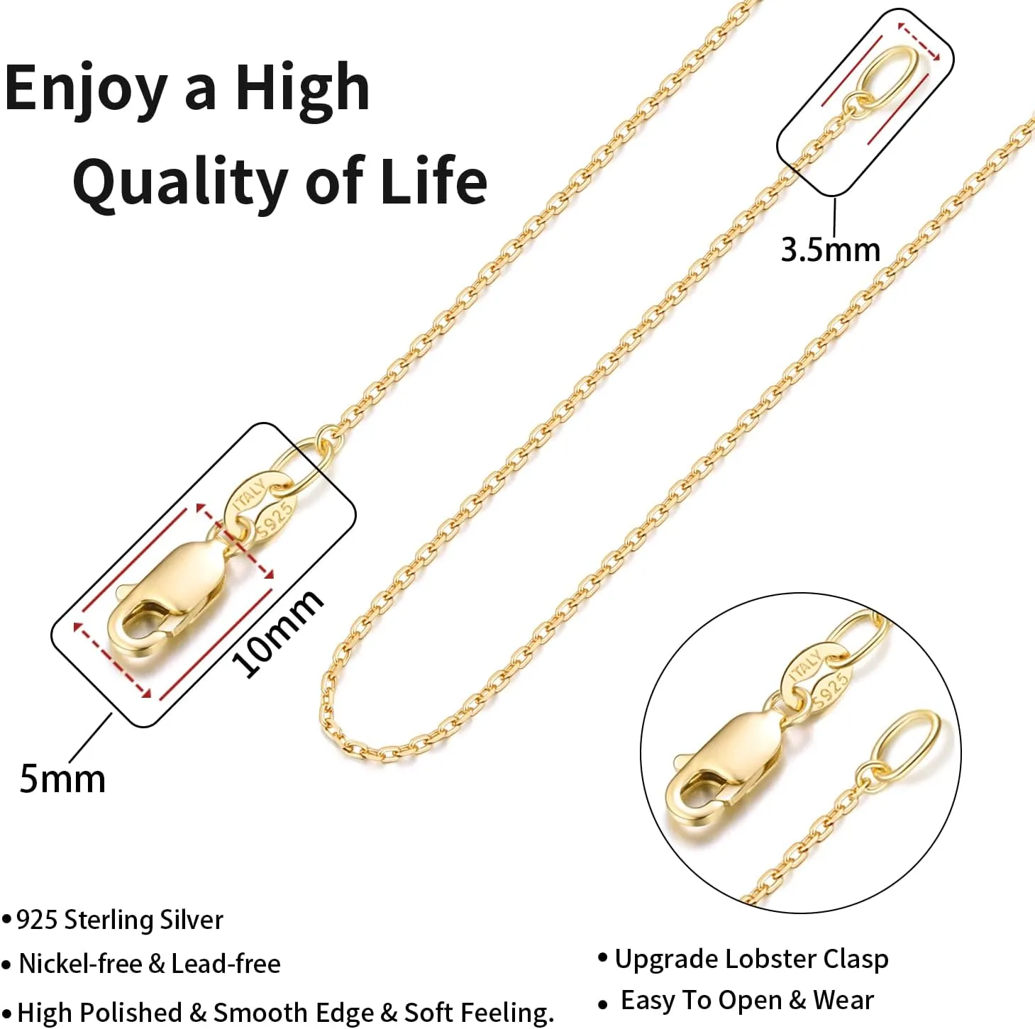 Jewlpire Solid 18k Gold Over 925 Sterling Silver Chain Necklace for Women, 1.1mm Cable Chain Necklace Thin & Dainty & Sturdy Women's Chain Necklaces, 14/16/17/18/20/22/24 Inches