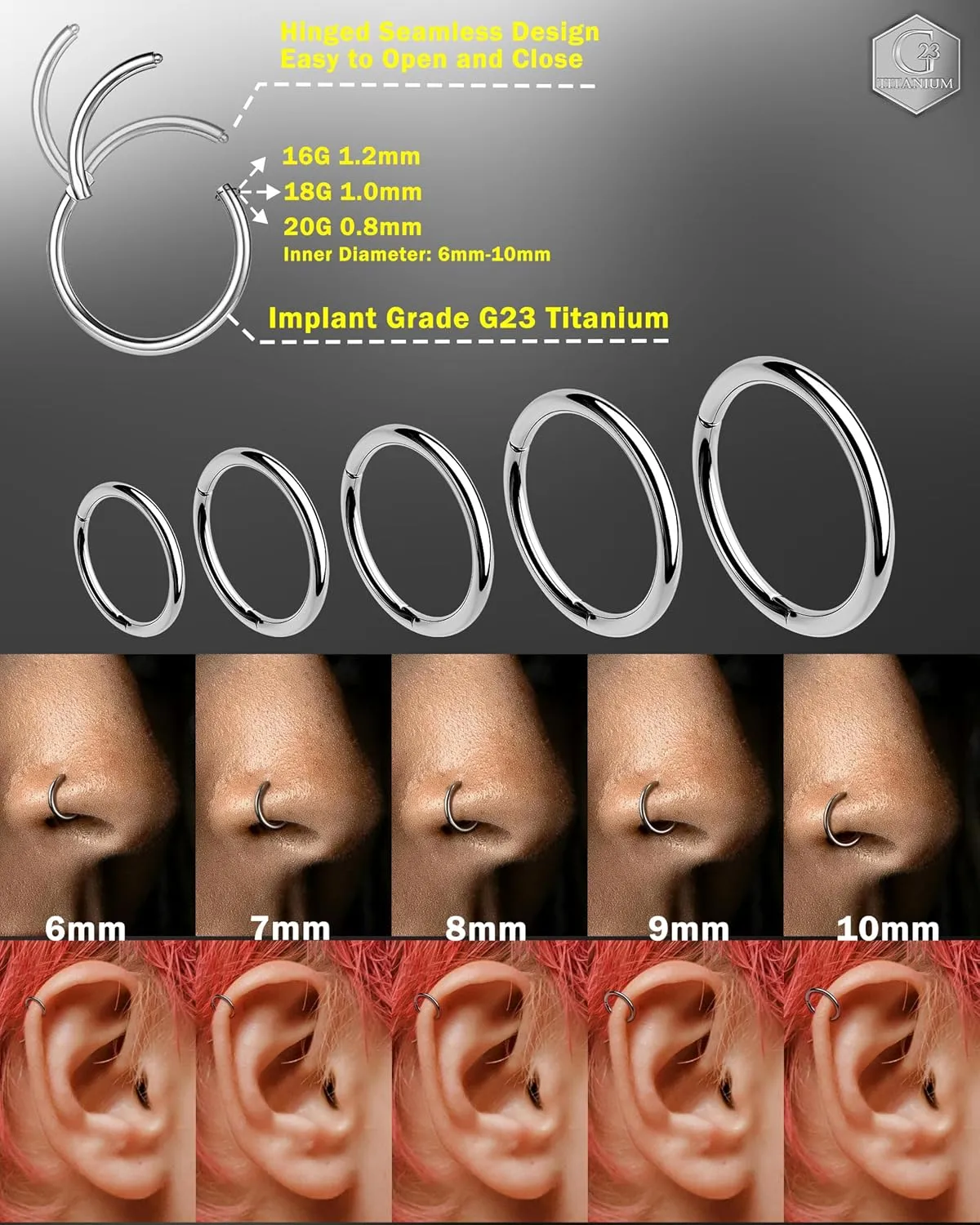 Jewseen 2PCS G23 Titanium Nose Rings Hoops 20g 18g 16g Septum Rings Hoop Nose Rings Cartilage Hoop Helix Daith Tragus Conch Earrings Lip Piercing Jewelry for Women 6mm 7mm 8mm 9mm 10mm