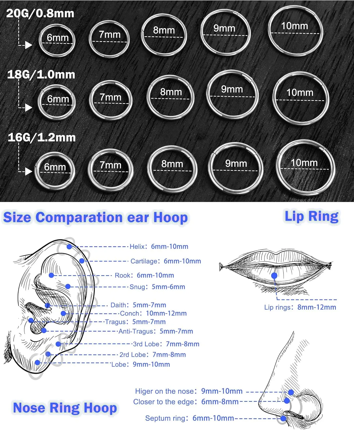 Jewseen 2PCS G23 Titanium Nose Rings Hoops 20g 18g 16g Septum Rings Hoop Nose Rings Cartilage Hoop Helix Daith Tragus Conch Earrings Lip Piercing Jewelry for Women 6mm 7mm 8mm 9mm 10mm