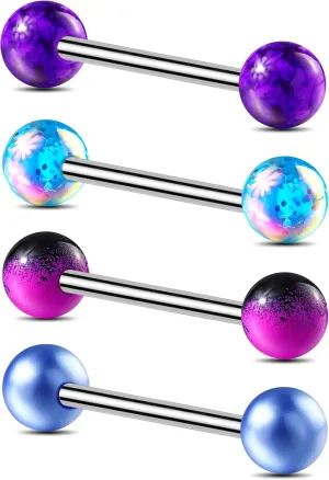 Jewseen 4Pcs Purple Tongue Rings Set - Surgical Steel Tongue Barbell & Nipple Rings - 14G & 16mm Body Piercing Jewelry for Women & Men