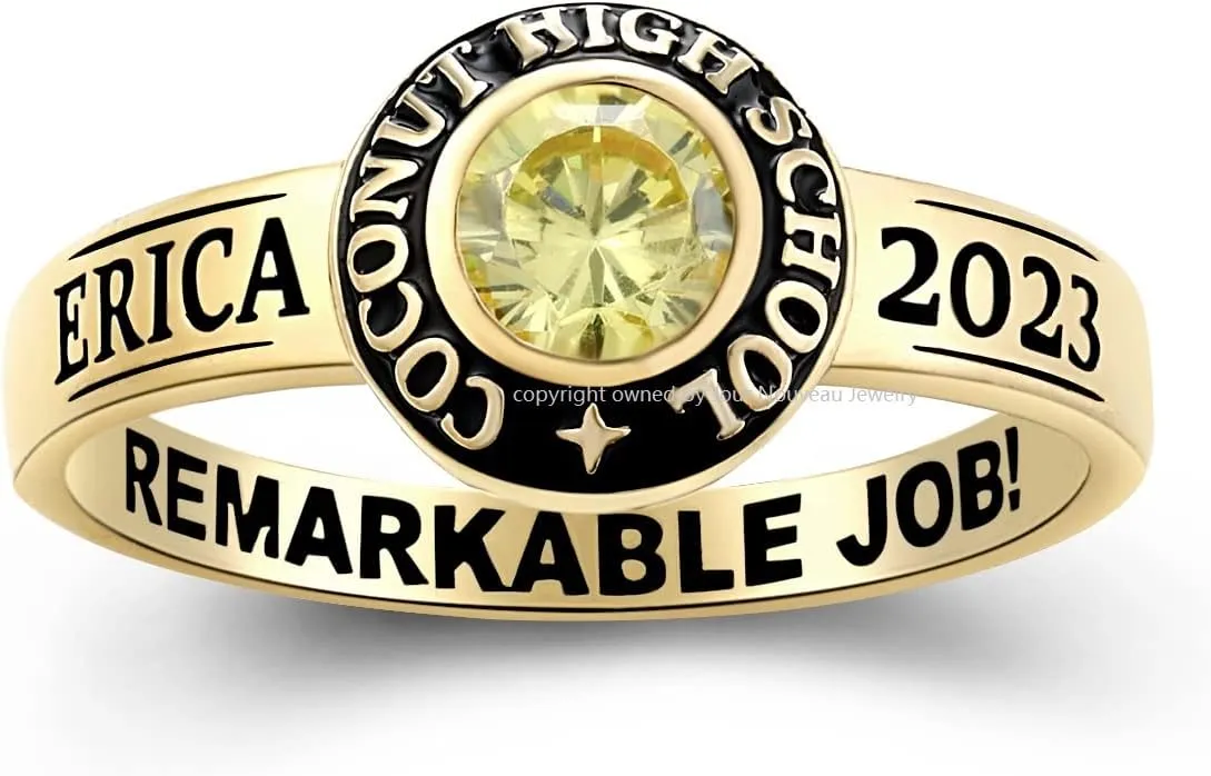 JNJ Women's Class Ring, personalized for high school and college graduates, Sterling Silver, Birthstone,Class Ring, Halo collection, shiny band -Jour Nouveau Jewelry