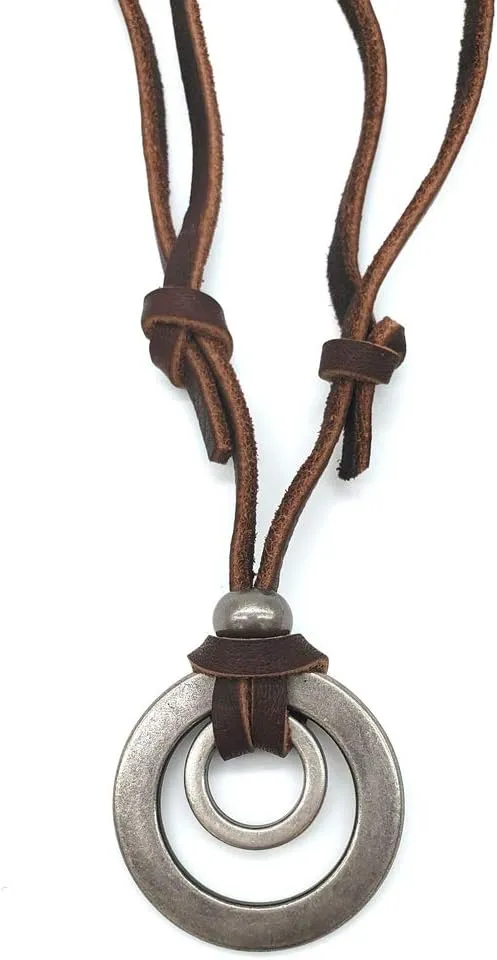 Jonline24h Mens Womens Double Ring Pendant Adjustable Leather Cord Necklace Chain, Brown Silver