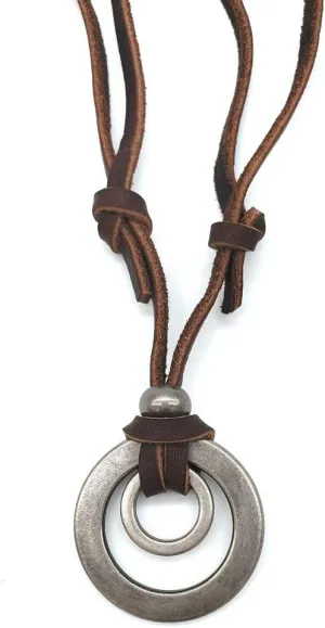 Jonline24h Mens Womens Double Ring Pendant Adjustable Leather Cord Necklace Chain, Brown Silver