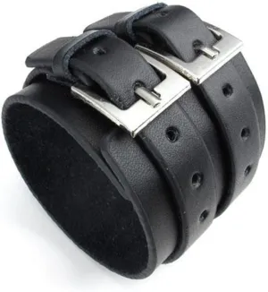 jonline24h Wide Genuine Leather Mens Bangle Cuff Bracelet, Punk Rock, Adjustable Fits 7" to 8.5", Black