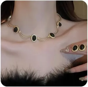 Jumwrit Dainty Golden Layered Chain Choker Necklace Shiny Geometry Oval Black Gemstone Earrings Vintage Necklace Earrings Set Accessories for Women