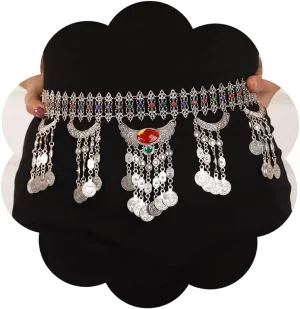 Jumwrit Punk Layered Metal Waist Chain Long Coin Pendant Tassel Belly Chain Colorful Rhinestone Vintage Silver Hollow Carving Chain Belt for Women Girls Rave Chunky Boho Beach Heavy Body Chain