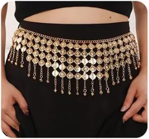 Jumwrit Punk Long Waist Chain Belt Boho Layered Coin Pendant Belly Link Chain Rave Chunky Statement Summer Beach Dress Body Chain Fashion Body Accessories for Women