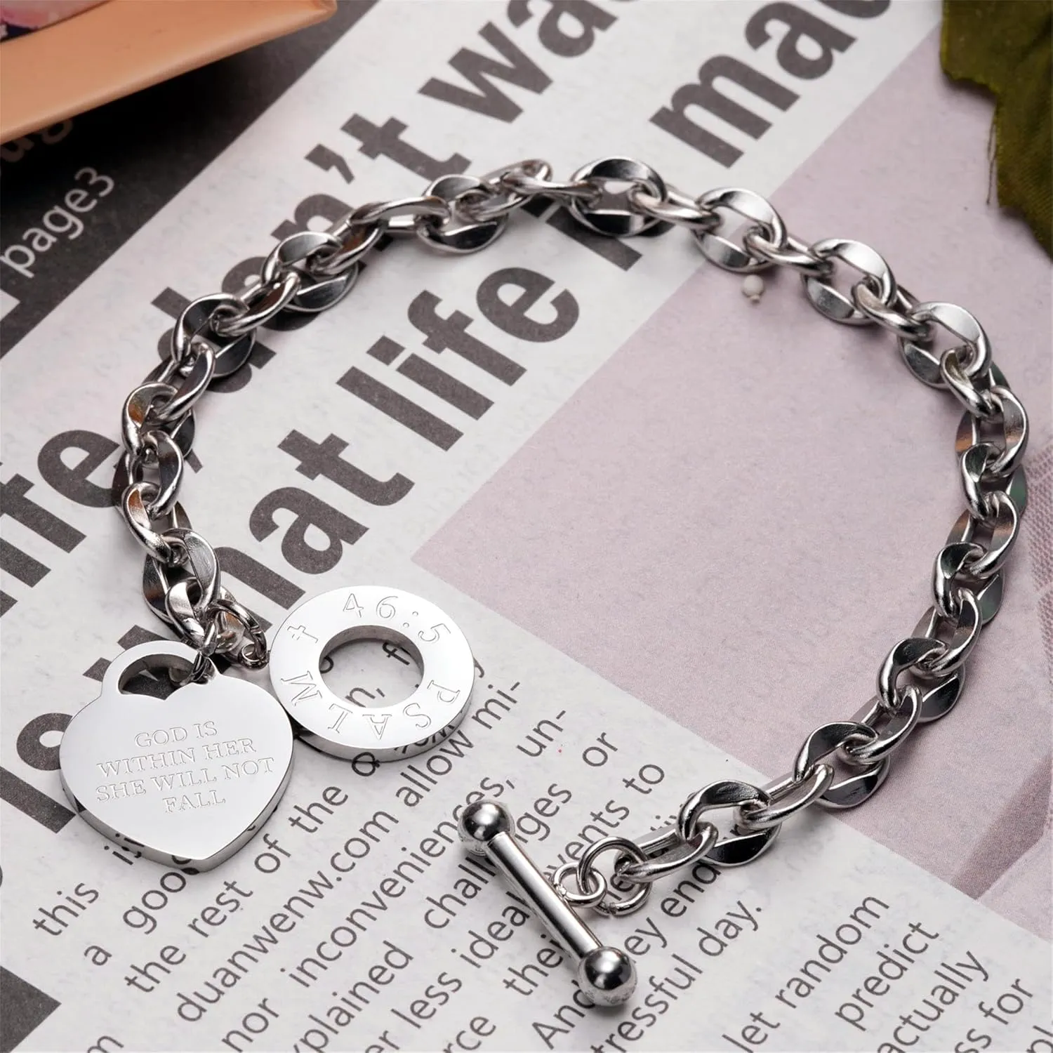 JUPPE Silver Titanium Steel Engraved Bracelet Personalized Proverbs 4:23 Bangle Gift for Women Girls