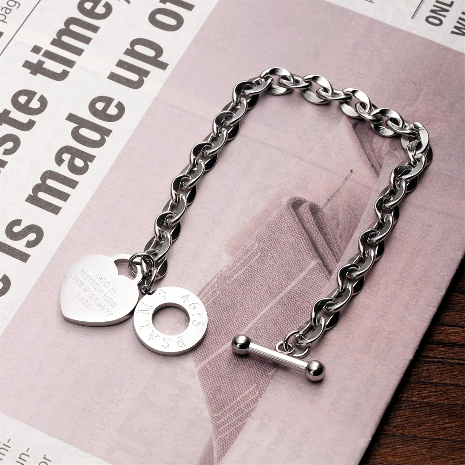 JUPPE Silver Titanium Steel Engraved Bracelet Personalized Proverbs 4:23 Bangle Gift for Women Girls