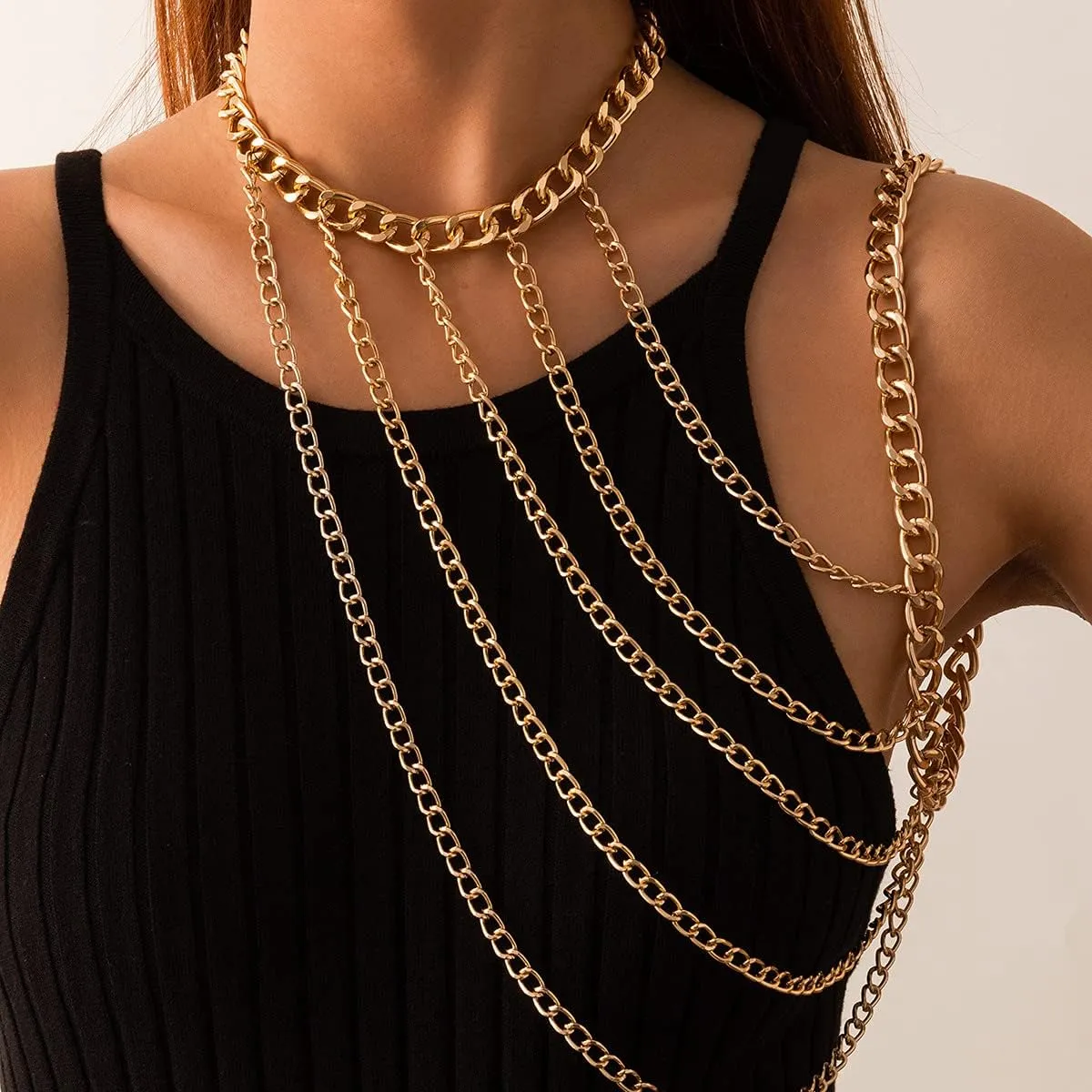 JWICOS Gold Miami Cuban Link Body Chain Shiny Luxury Chunky Multi-Layer Tassel Chain Boho Bohemia Body Accessories for Women and Girls