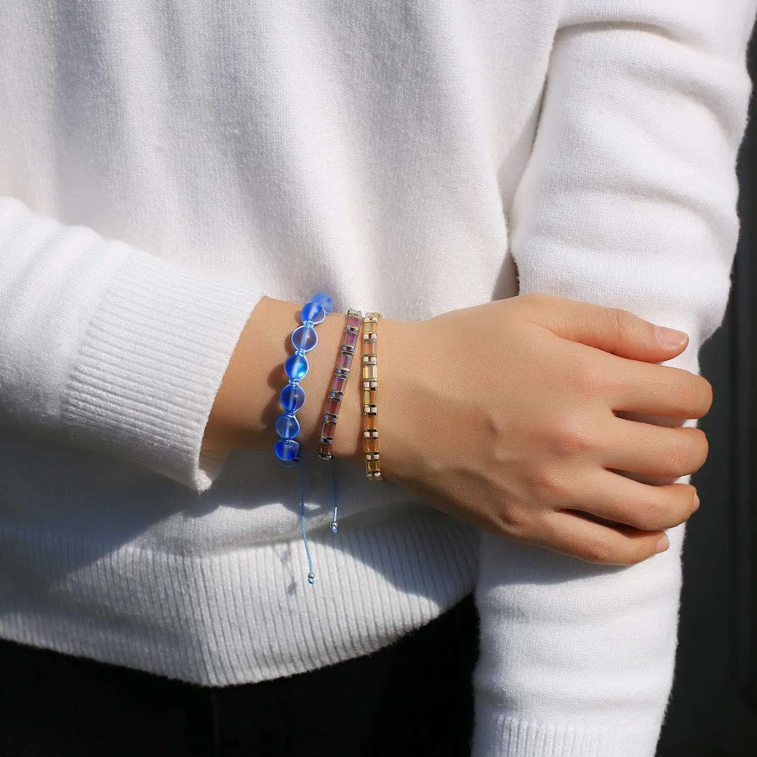 KELITCH Women Moonstone Strand Bracelet 8mm Beads Handmade Bohemian Friendship Bracelet Fashion Jewelry
