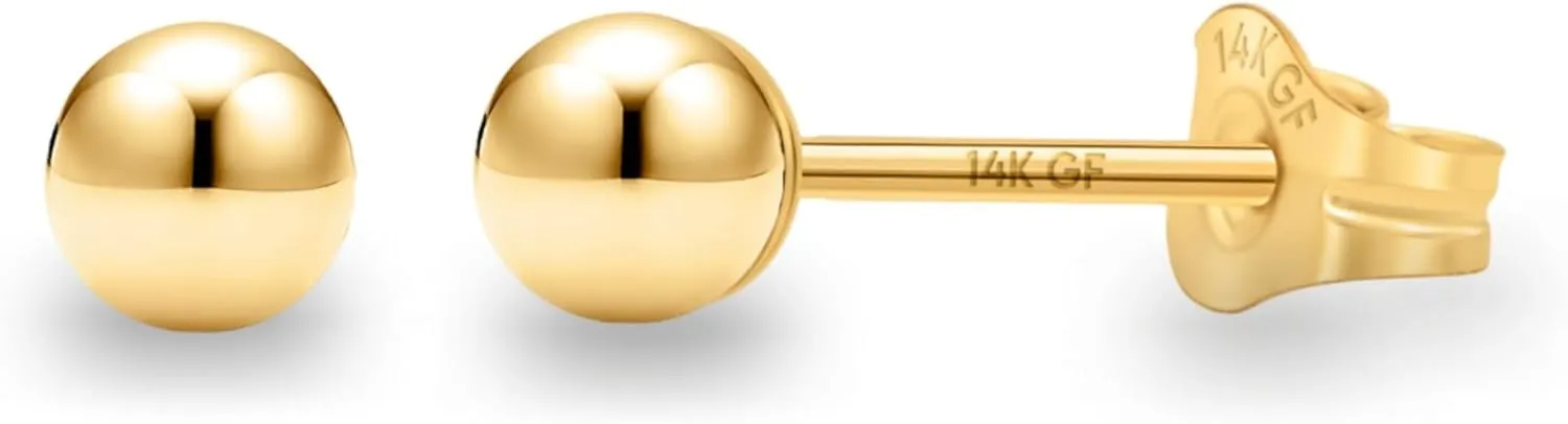 Kezef 14K Gold Stud Earrings for Women 14 k Real Gold Earrings, Solid Ball Filled Studs, Hypoallergenic Round Ear rings | Available from 3mm - 9mm